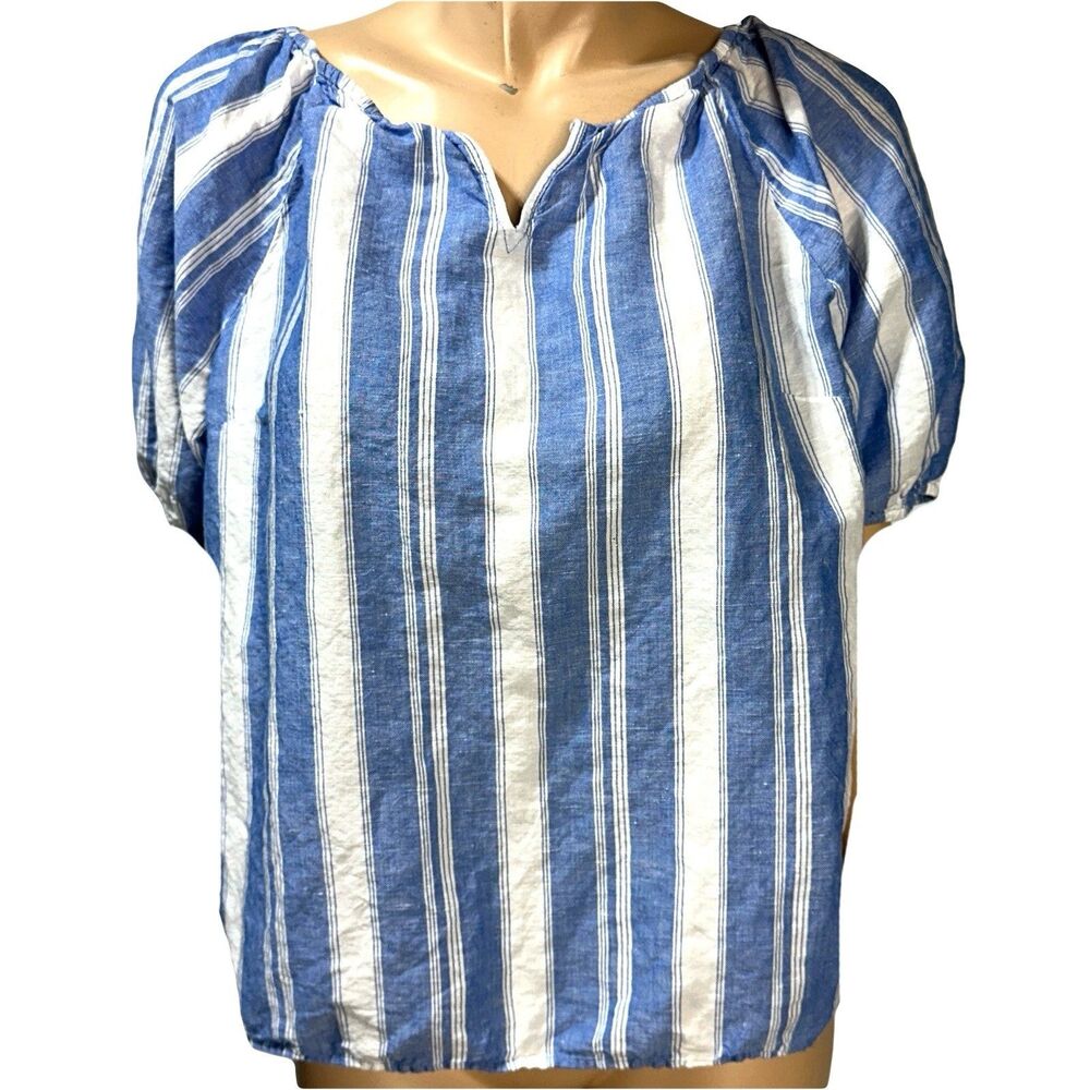 Talbots Women’s Blouse Size L Blue White Striped Linen Blend Short Sleeve Top